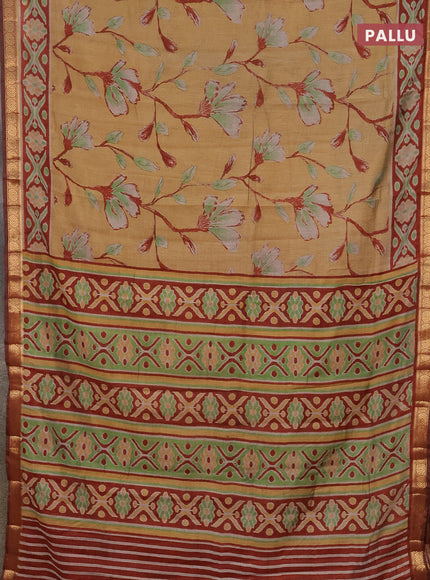 Semi maheshwari cotton saree sandal and maroon with allover floral prints and zari woven border