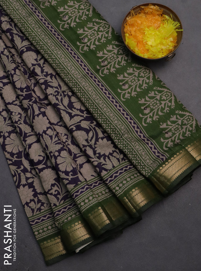 Semi maheshwari cotton saree blue and sap green with allover kalamkari prints and zari woven border