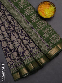 Semi maheshwari cotton saree blue and sap green with allover kalamkari prints and zari woven border