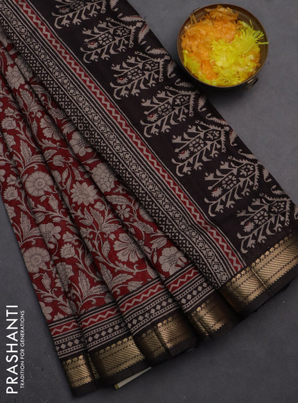 Semi maheshwari cotton saree maroon and black with allover kalamkari prints and zari woven border