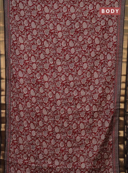 Semi maheshwari cotton saree maroon and black with allover kalamkari prints and zari woven border