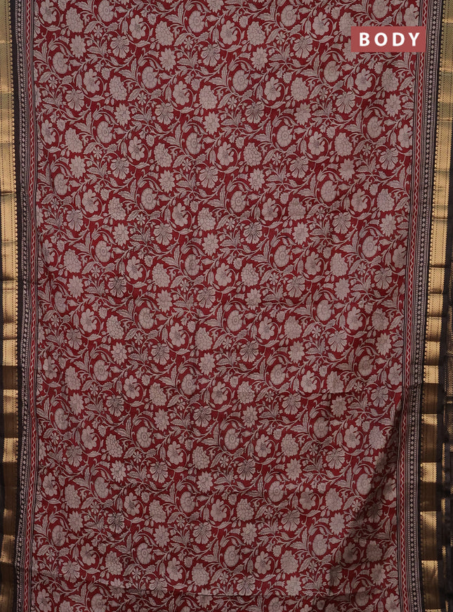 Semi maheshwari cotton saree maroon and black with allover kalamkari prints and zari woven border