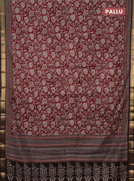 Semi maheshwari cotton saree maroon and black with allover kalamkari prints and zari woven border