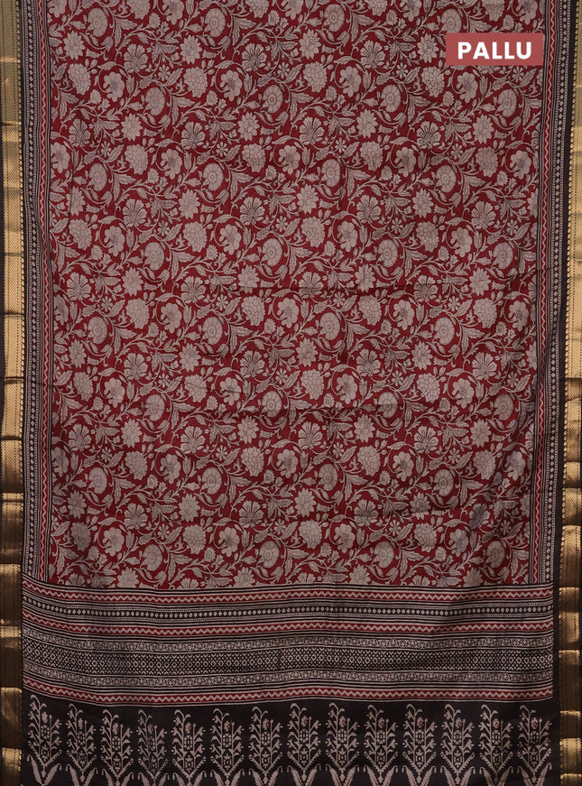 Semi maheshwari cotton saree maroon and black with allover kalamkari prints and zari woven border