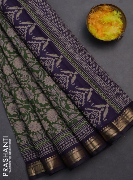 Semi maheshwari cotton saree sap green and dark blue with allover kalamkari prints and zari woven border