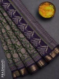 Semi maheshwari cotton saree sap green and dark blue with allover kalamkari prints and zari woven border