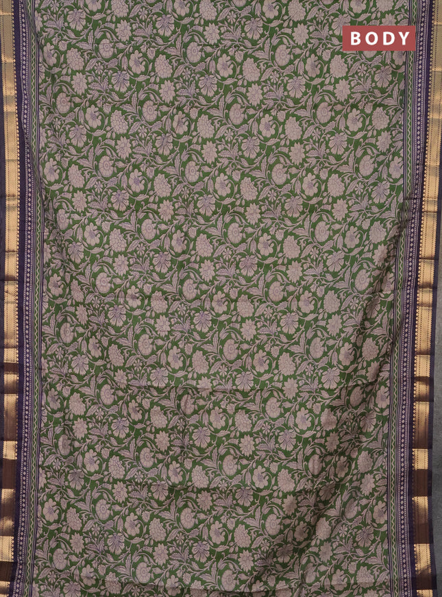 Semi maheshwari cotton saree sap green and dark blue with allover kalamkari prints and zari woven border