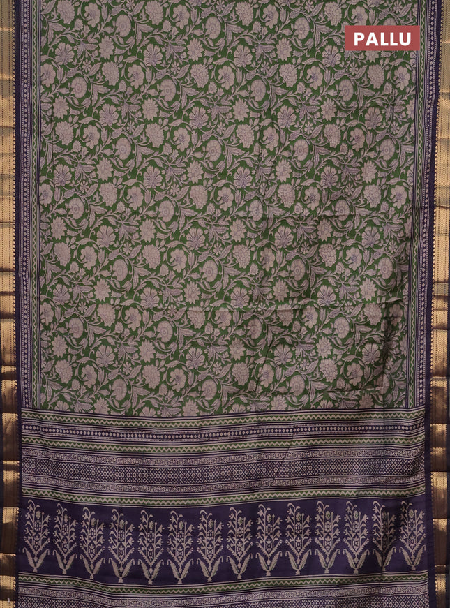 Semi maheshwari cotton saree sap green and dark blue with allover kalamkari prints and zari woven border