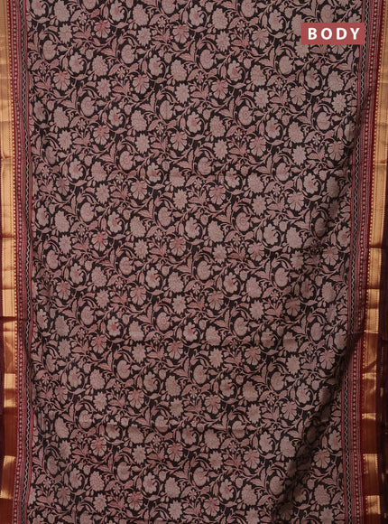 Semi maheshwari cotton saree black and maroon with allover kalamkari prints and zari woven border