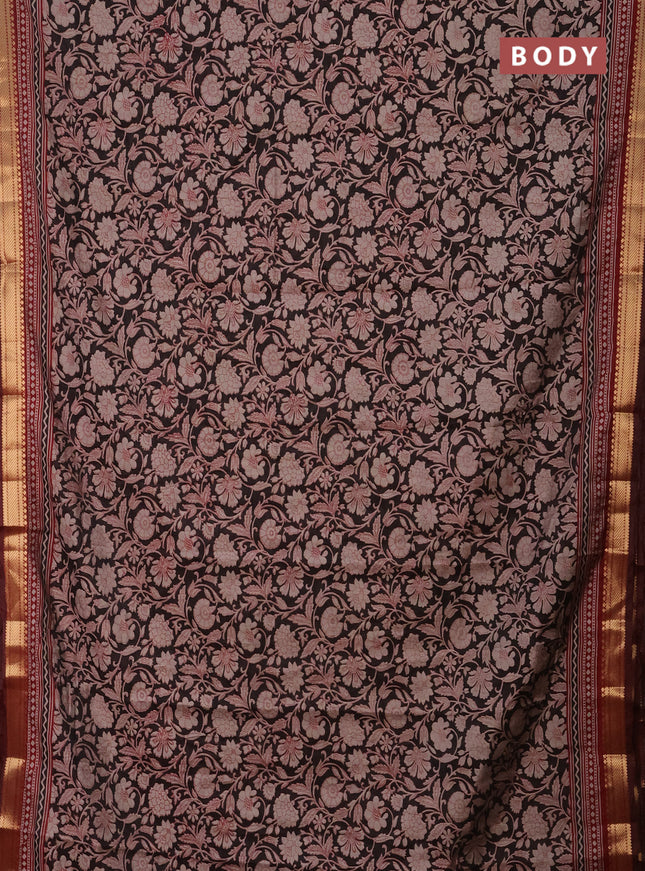 Semi maheshwari cotton saree black and maroon with allover kalamkari prints and zari woven border