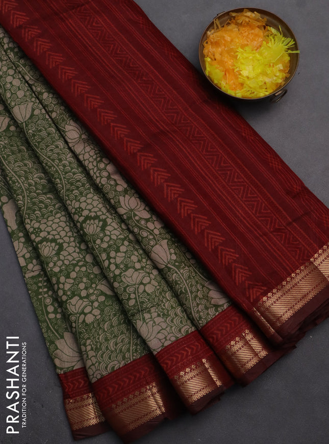 Semi maheshwari cotton saree sap green and maroon with allover pichwai prints and zari woven border