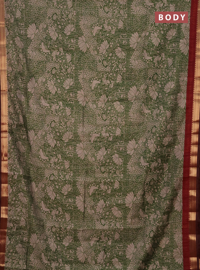 Semi maheshwari cotton saree sap green and maroon with allover pichwai prints and zari woven border