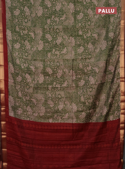 Semi maheshwari cotton saree sap green and maroon with allover pichwai prints and zari woven border