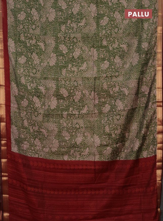 Semi maheshwari cotton saree sap green and maroon with allover pichwai prints and zari woven border