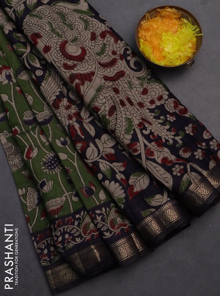 Semi maheshwari cotton saree sap green and dark blue with allover kalamkari prints and zari woven border