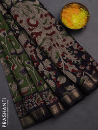 Semi maheshwari cotton saree sap green and dark blue with allover kalamkari prints and zari woven border