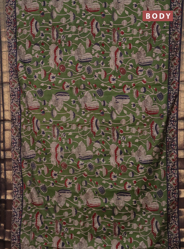 Semi maheshwari cotton saree sap green and dark blue with allover kalamkari prints and zari woven border