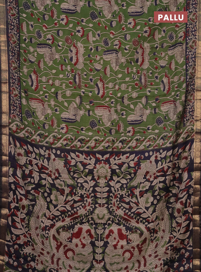 Semi maheshwari cotton saree sap green and dark blue with allover kalamkari prints and zari woven border