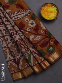Semi maheshwari cotton saree beige and dark mustard with allover kalamkari prints and zari woven border