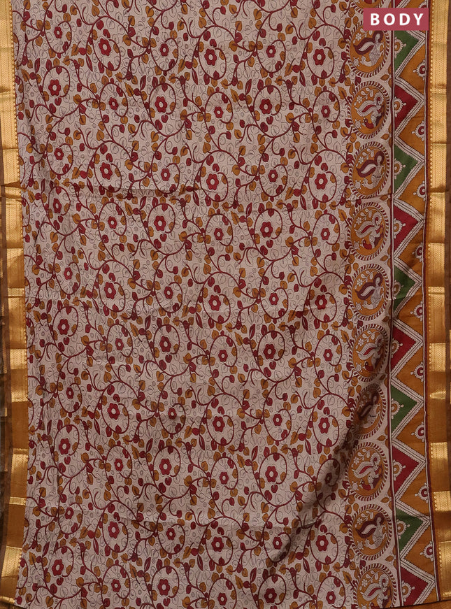 Semi maheshwari cotton saree beige and dark mustard with allover kalamkari prints and zari woven border