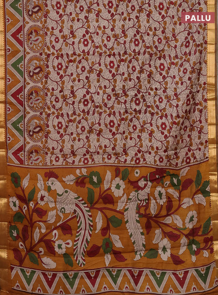 Semi maheshwari cotton saree beige and dark mustard with allover kalamkari prints and zari woven border