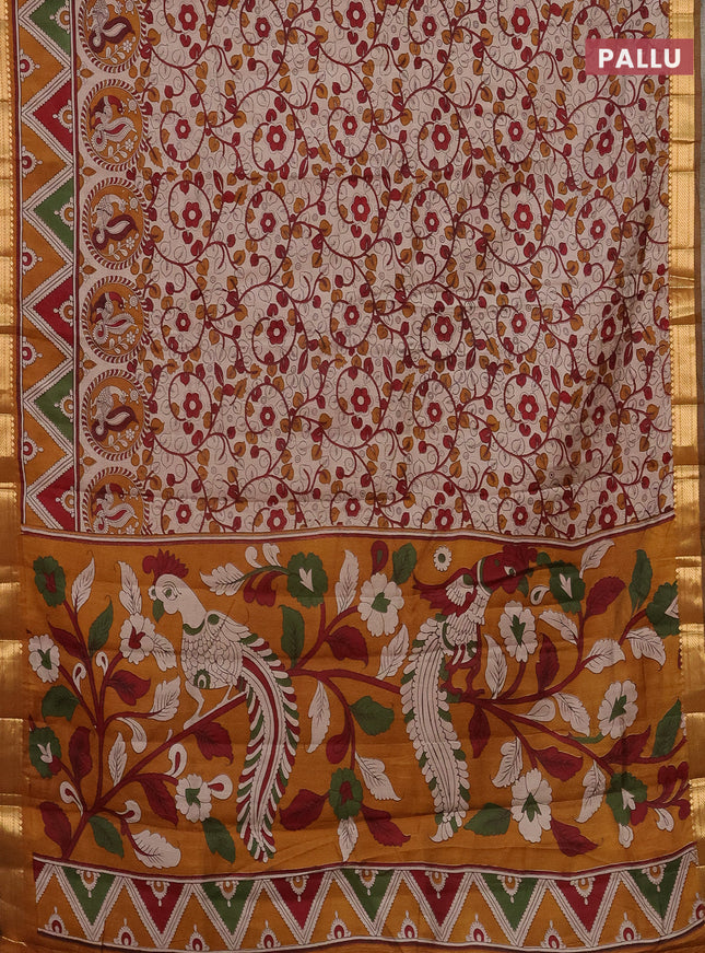 Semi maheshwari cotton saree beige and dark mustard with allover kalamkari prints and zari woven border