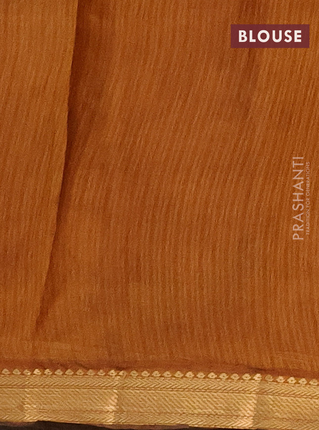 Semi maheshwari cotton saree beige and dark mustard with allover kalamkari prints and zari woven border