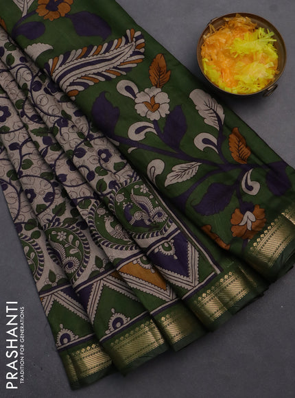 Semi maheshwari cotton saree beige and sap green with allover kalamkari prints and zari woven border