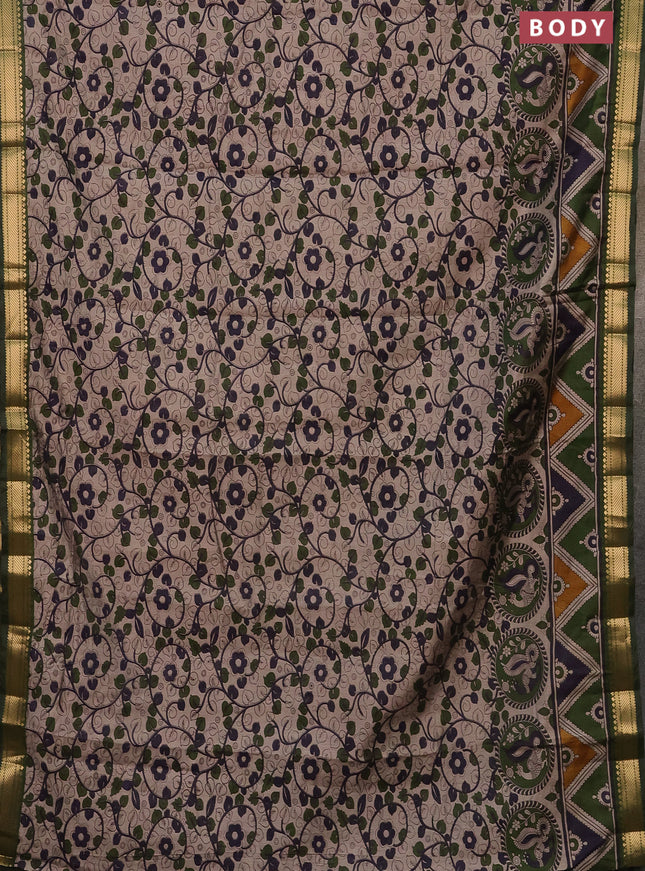 Semi maheshwari cotton saree beige and sap green with allover kalamkari prints and zari woven border