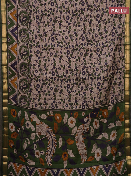 Semi maheshwari cotton saree beige and sap green with allover kalamkari prints and zari woven border