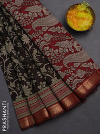 Semi maheshwari cotton saree deep coffee brown and maroon with allover kalamkari prints and zari woven border