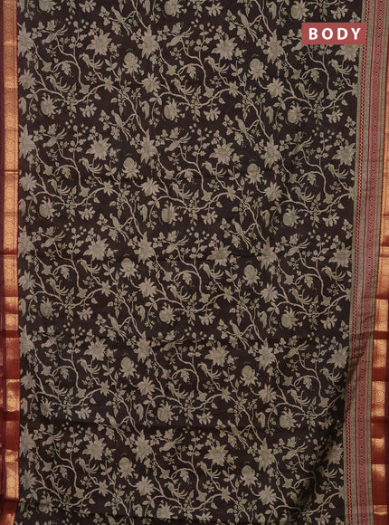 Semi maheshwari cotton saree deep coffee brown and maroon with allover kalamkari prints and zari woven border