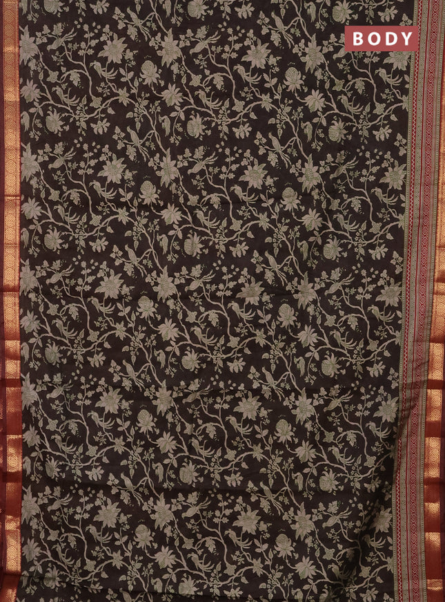 Semi maheshwari cotton saree deep coffee brown and maroon with allover kalamkari prints and zari woven border