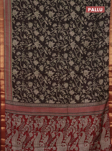 Semi maheshwari cotton saree deep coffee brown and maroon with allover kalamkari prints and zari woven border