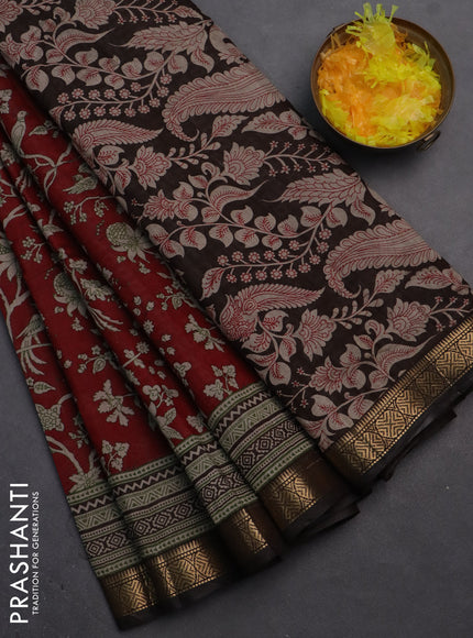 Semi maheshwari cotton saree maroon and black with allover kalamkari prints and zari woven border