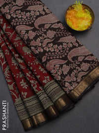 Semi maheshwari cotton saree maroon and black with allover kalamkari prints and zari woven border
