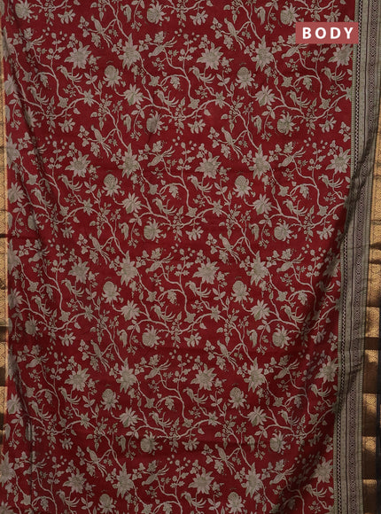 Semi maheshwari cotton saree maroon and black with allover kalamkari prints and zari woven border