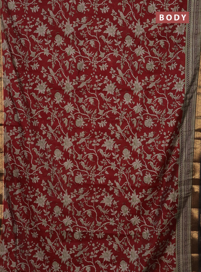 Semi maheshwari cotton saree maroon and black with allover kalamkari prints and zari woven border