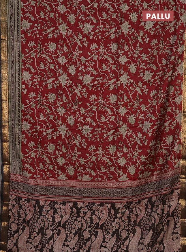 Semi maheshwari cotton saree maroon and black with allover kalamkari prints and zari woven border