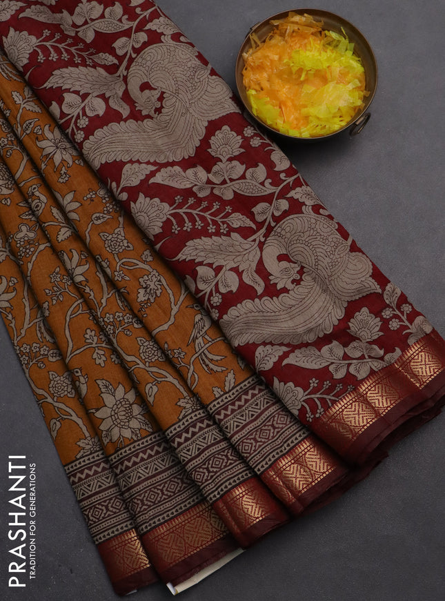 Semi maheshwari cotton saree dark mustard and maroon with allover kalamkari prints and zari woven border