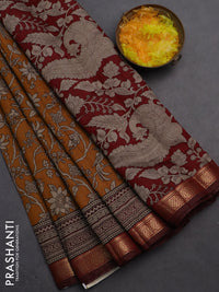 Semi maheshwari cotton saree dark mustard and maroon with allover kalamkari prints and zari woven border