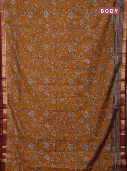 Semi maheshwari cotton saree dark mustard and maroon with allover kalamkari prints and zari woven border