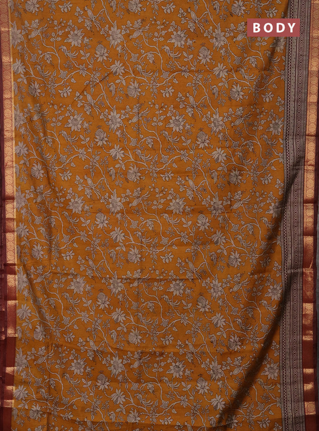 Semi maheshwari cotton saree dark mustard and maroon with allover kalamkari prints and zari woven border