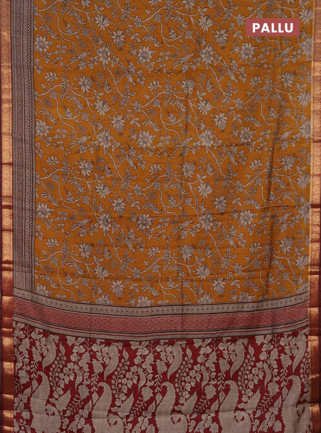 Semi maheshwari cotton saree dark mustard and maroon with allover kalamkari prints and zari woven border