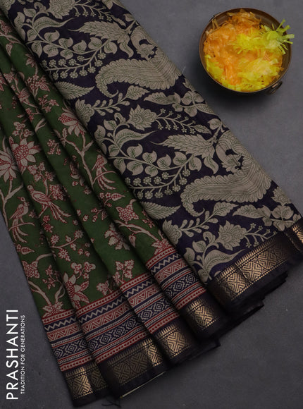 Semi maheshwari cotton saree sap green and deep jamun with allover kalamkari prints and zari woven border