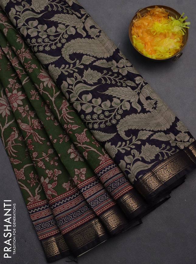 Semi maheshwari cotton saree sap green and deep jamun with allover kalamkari prints and zari woven border