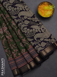 Semi maheshwari cotton saree sap green and deep jamun with allover kalamkari prints and zari woven border