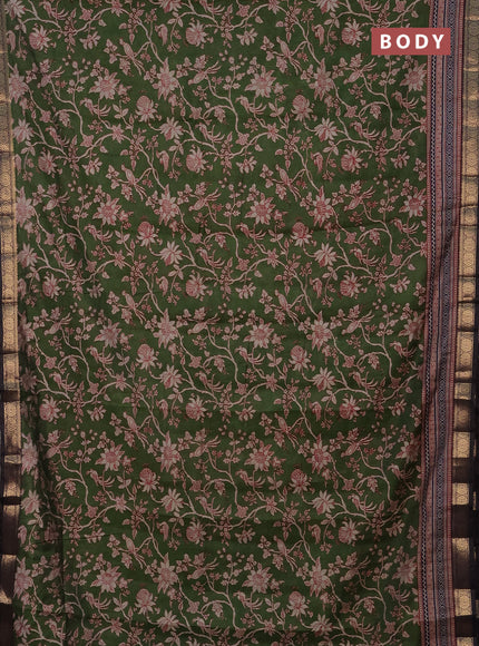 Semi maheshwari cotton saree sap green and deep jamun with allover kalamkari prints and zari woven border