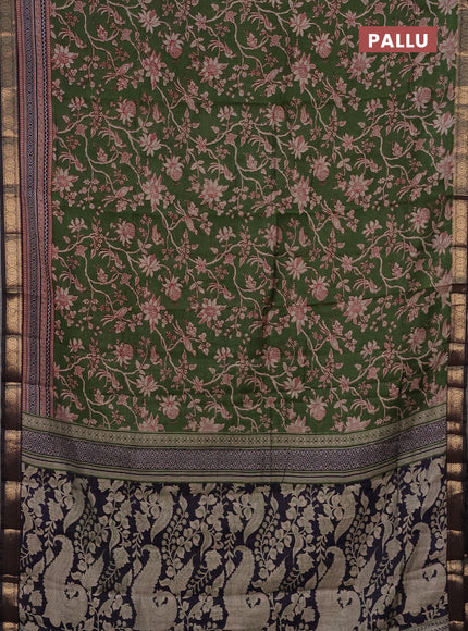 Semi maheshwari cotton saree sap green and deep jamun with allover kalamkari prints and zari woven border