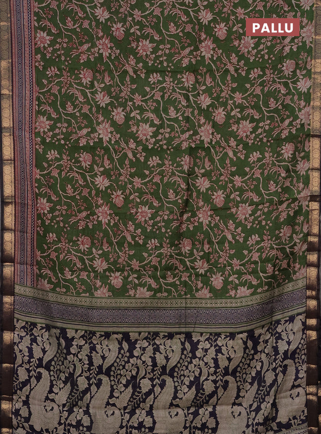 Semi maheshwari cotton saree sap green and deep jamun with allover kalamkari prints and zari woven border